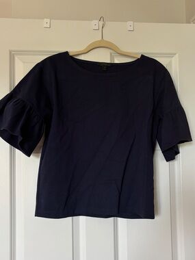 J. Crew Navy Ruffle Sleeve Cotton Blend Tee